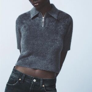 Zara Charcoal Fuzzy Half-Zip Sweater